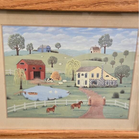 Vintage Folk Art Framed Farm Americana Norma Harrington Print Oak Frame - Picture 2 of 6
